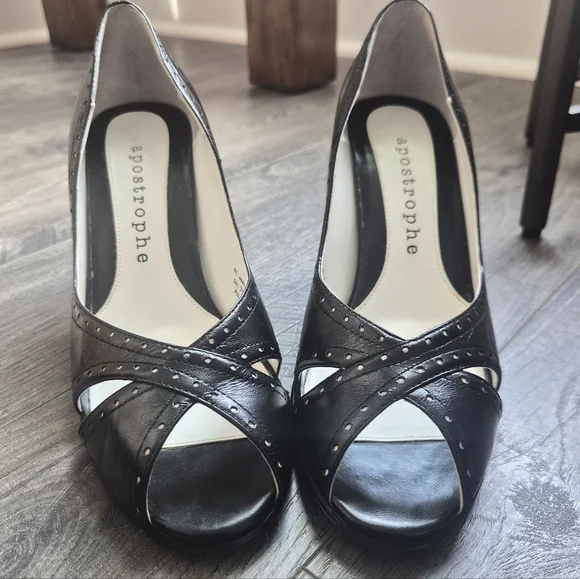 Apostrophe Black Leather Peep Toe Heels - Perforated Detail - 7.5M - Picture 1 of 6